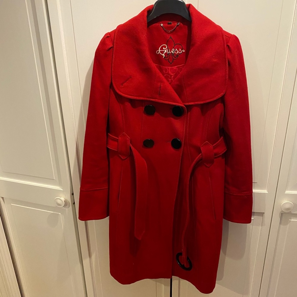 Guess red pea coat with tie waist
